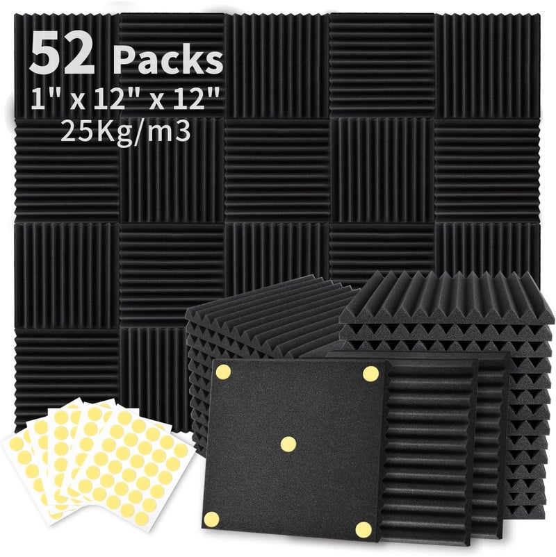 Focusound 52 Pack Acoustic Foam Panels 1" x 12" x 12" Sound Proof Foam Panles Soundproofing Noise Cancelling Wedge Panels for Home Office Recoding Studio with 300PCS Double-Side Adhesive - Image 1